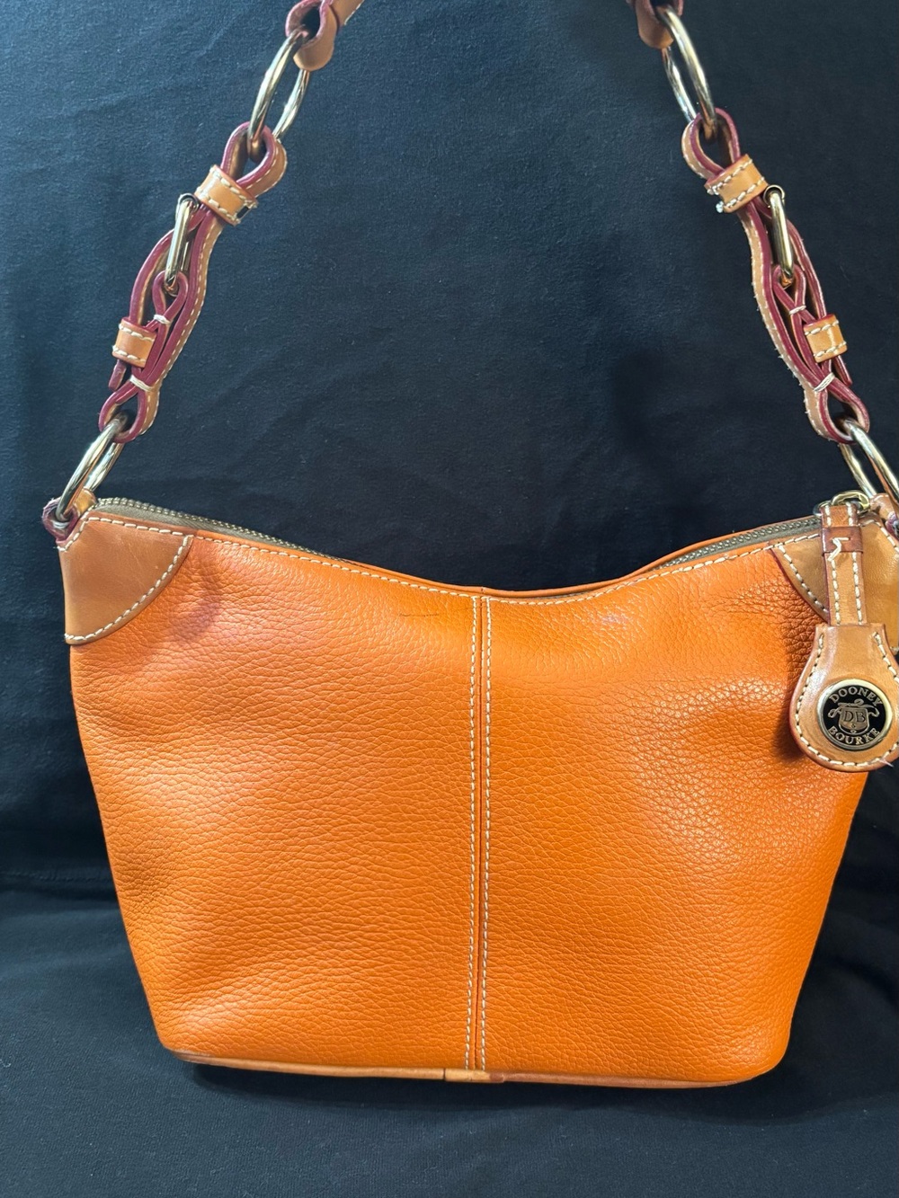 Dooney & Bourke Orange Pebbled Leather Shoulder Bag with Chain-Link Strap